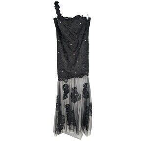 HEBEOS VTG Formal Gown Small Black Lace Bodice Sheer Bottom Tags Attached